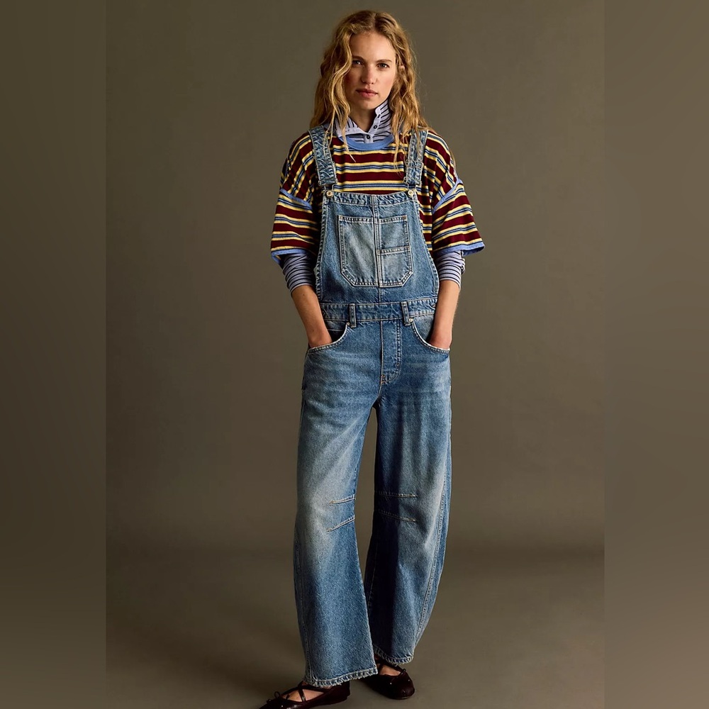 We The Free Blue Denim Barrel Overalls